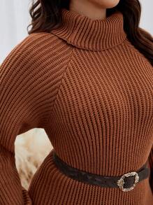 SHEIN Frenchy Plus Turtleneck Raglan Sleeve Sweater Dress Without Belt - Brown - View 6