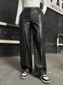 SHEIN EZwear 高腰PU皮革直筒褲 - 黑色 - 查看 4