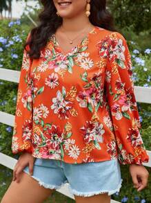 SHEIN VCAY Cộng với áo sơ mi tay đèn lồng in hoa - Nhiều màu - Xem 2