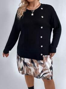 SHEIN LUNE Plus Button Detail Drop Shoulder Sweater Dress - Black - View 3