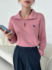 DAZY Embroidery Drop Shoulder Polo Neck Sweatshirt,Long Sleeve Tops,Fall Clothes - Pink - View 2