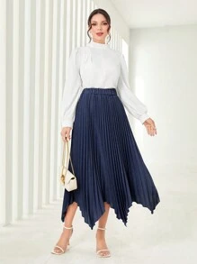 Modelyn Solid Hanky Hem Pleated Skirt - Navy Blue - View 3