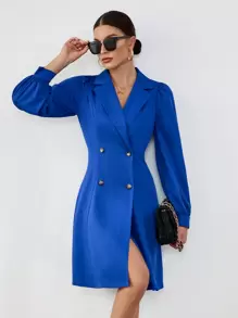 SHEIN Privé Lapel Neck Puff Sleeve Double Breasted Trench Coat - Blue - View 5