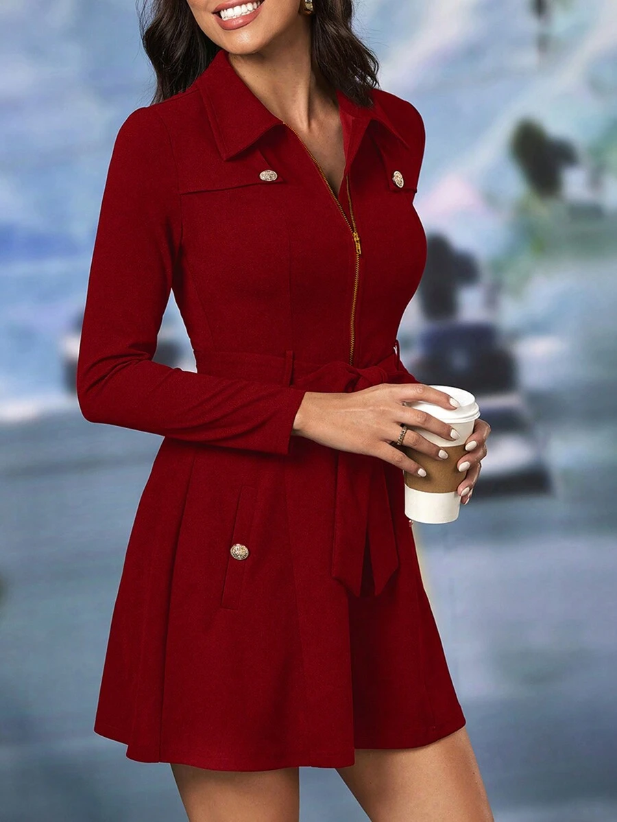 SHEIN Clasi 女士秋冬优雅拉链腰带大衣 - 紅色 - 查看 1