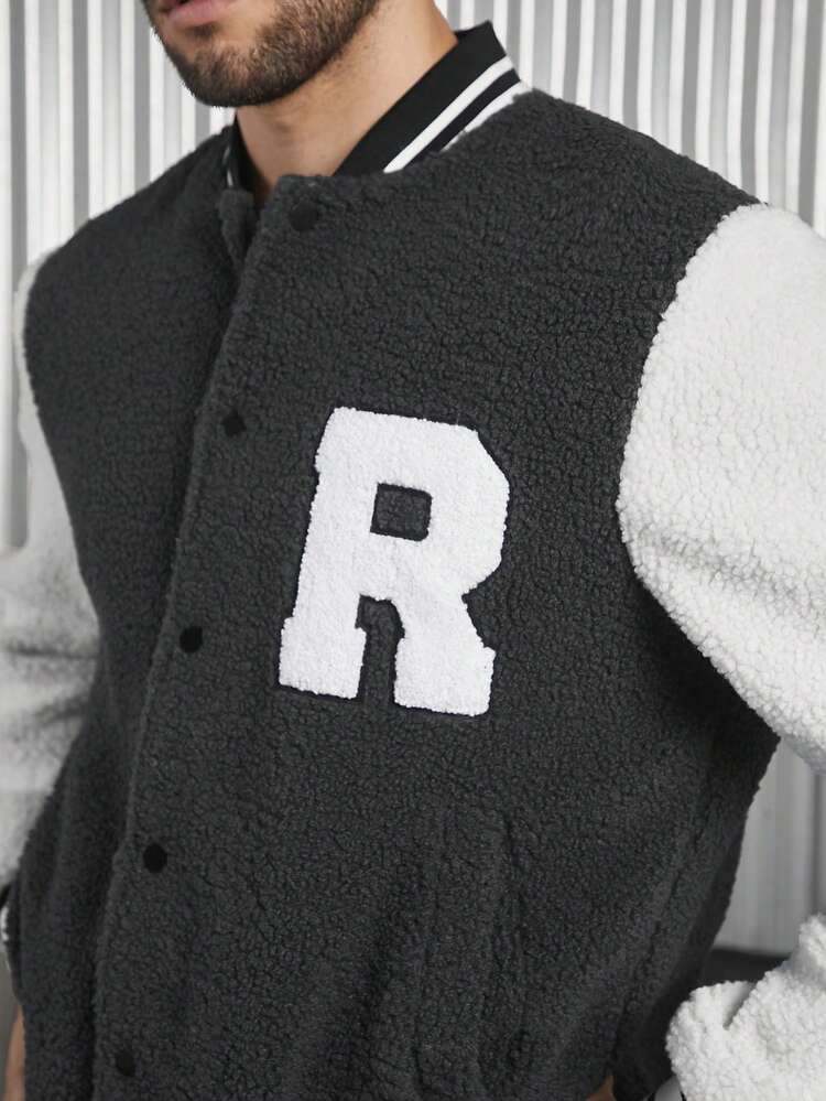 Loose Letter Patched Striped Trim Teddy Varsity Jacket For Men