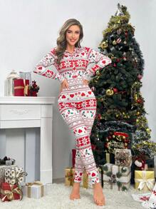 1pc Christmas Print Button Front Sleep Jumpsuit - Multicolor - View 4