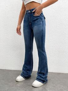 SHEIN EZwear 水鑽和刺繡細節牛仔喇叭褲