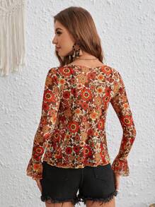 SHEIN VCAY Floral Print Tie Front Flare Sleeve Top - Multicolor - View 2