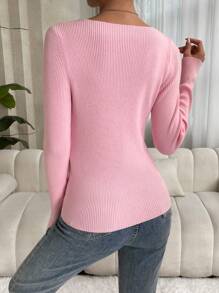 Chiquease 1pc Sexy V-Neck Sweater, Solid Color Slim Fit Base Layer,Long Sleeve Tops Knit Pullover Fall Winter Sweater - Pink - View 2