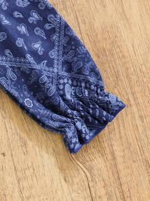 SHEIN 女嬰佩斯利絲巾圖案荷葉袖荷葉邊洋裝 - 藏蓝色 - 查看 5