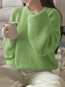 DAZY Suéter de hombros caídos sólido, ropa de mujer de otoño - Verde - Ver 2