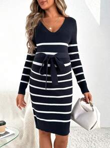 SHEIN Maternity Striped Pattern Belted Sweater Dress, For Winter - Blue and White - View 1