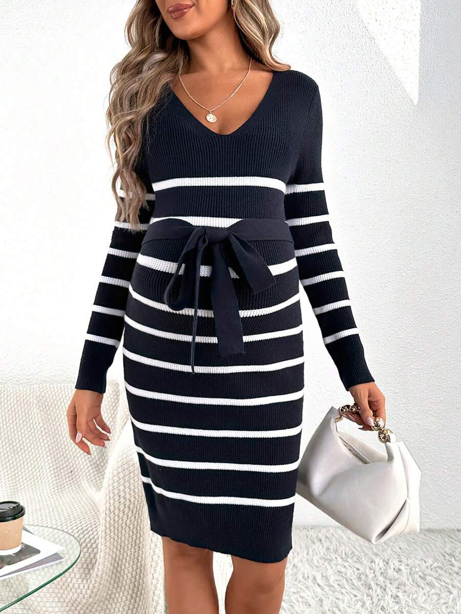 SHEIN Maternity Striped Pattern Belted Sweater Dress, For Winter - Blue and White - View 1