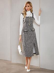 GENKIRA 翻蓋細節前紐扣洋裝不帶T恤 - 灰色 - 查看 5