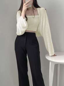 2 件套纯色针织吊带背心和披肩开衫 - 杏色 - 查看 6