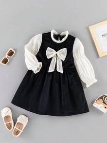 SHEIN 女小童前蝴蝶結荷葉袖褶邊領洋裝 - 黑色 - 查看 3