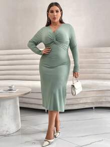 SHEIN Privé Plus Twist Front Ribbed Knit Dress - Mint Green - View 4