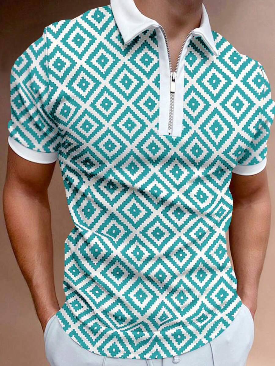 Manfinity Mode Men Geo Print Quarter Zip Polo Shirt - Green - View 1