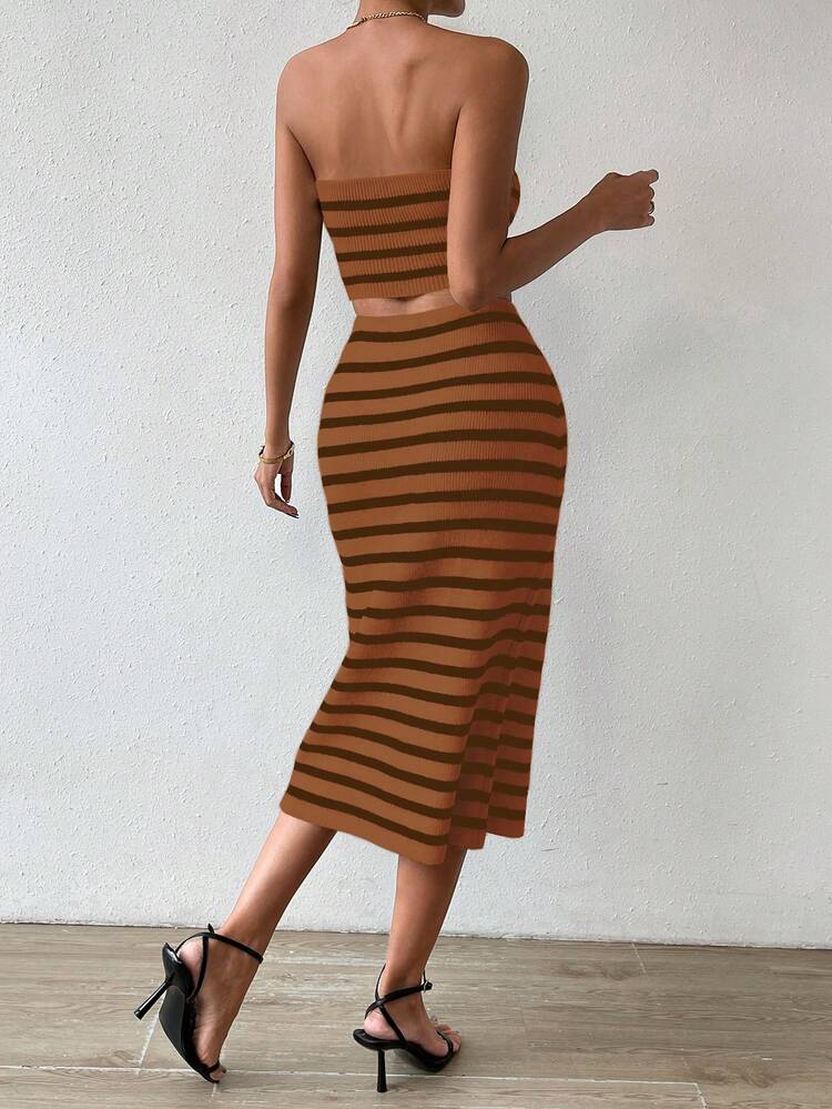 Striped Pattern Tube Knit Top & Knit Skirt