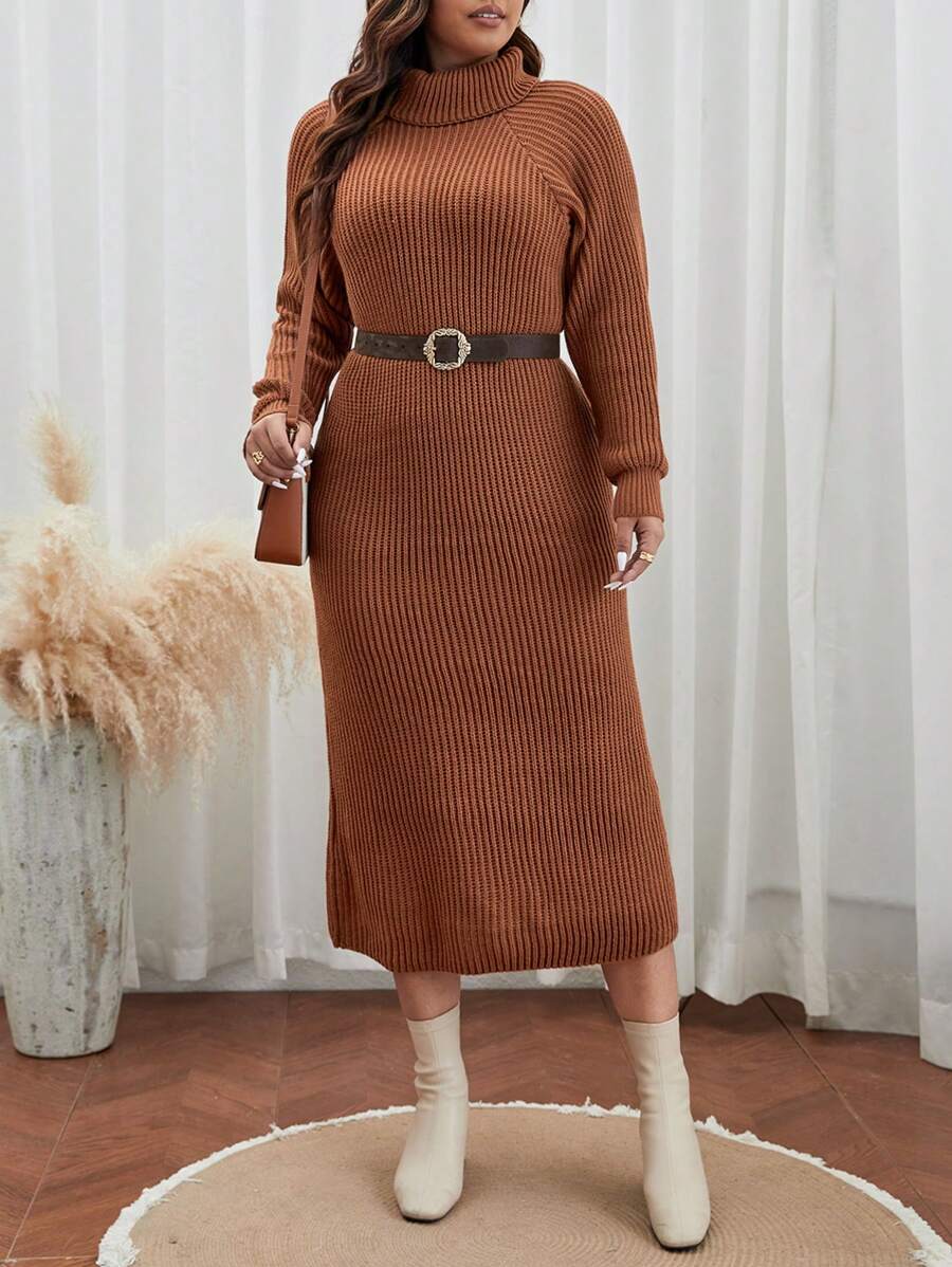 SHEIN Frenchy Plus Turtleneck Raglan Sleeve Sweater Dress Without Belt - Brown - View 1