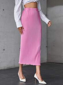 SHEIN Privé Solid Lettuce Trim Pencil Skirt - Pink - View 3