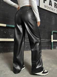 SHEIN EZwear 高腰PU皮革直筒褲 - 黑色 - 查看 2