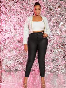 SHEIN SXY Plus Plaid Print Open Front Tweed Overcoat - White - View 3