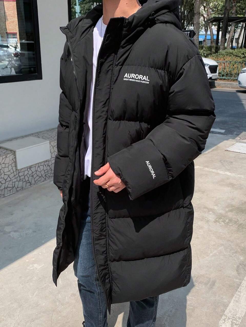 Men Letter Graphic Zip Up Hooded Padded Coat Winter