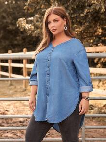 EMERY ROSE Plus Roll Tab Sleeve Button Front Top For Spring And Summer - Light Wash - View 1