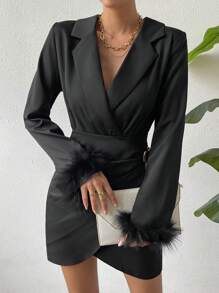 Chiquease Fuzzy Cuff Wrap Hem Dress - Black - View 6