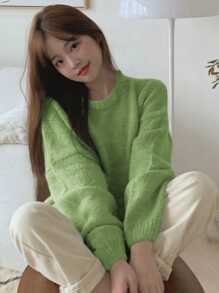 DAZY Suéter de hombros caídos sólido, ropa de mujer de otoño - Verde - Ver 3