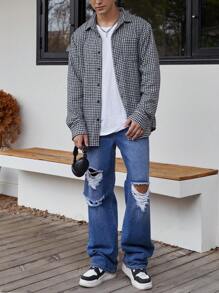 Manfinity EMRG 男士破洞直筒牛仔褲 - 中等水洗藍 - 查看 5