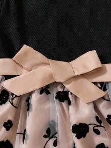 SHEIN Young Girl Floral Pattern Mesh Overlay Cold Shoulder Belted Dress - Multicolor - View 3