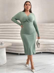 SHEIN Privé Plus Twist Front Ribbed Knit Dress - Mint Green - View 1