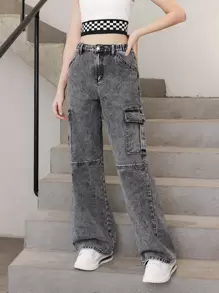 青少年女孩側翻蓋口袋工裝牛仔褲