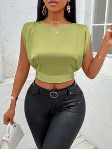 SHEIN Slayr Solid Tie Back Crop Satin Blouse - Olive Green - View 5