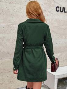 LanaWest Flap Detail Belted Corduroy Shirt Dress Fall Cloth For Women - Dark Green - View 2