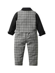 SHEIN 小男童1入組前蝴蝶結格紋背心和1入組長褲和1入組襯衫 - 灰色 - 查看 2
