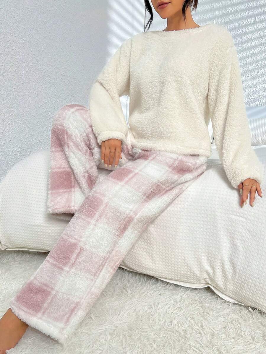 格紋印花落肩袖睡衣套裝 - 彩色 - 查看 1