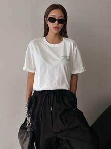 DAZY Camiseta de hombros caídos con estampado de slogan - Blanco - Ver 4