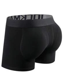 Men Letter Tape Waistband Contrast Tape Boxer Brief - Black - View 2