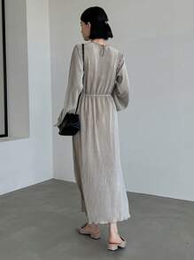 FRIFUL 纯色开叉大腿束带连衣裙，秋季连衣裙 - 灰色 - 查看 2