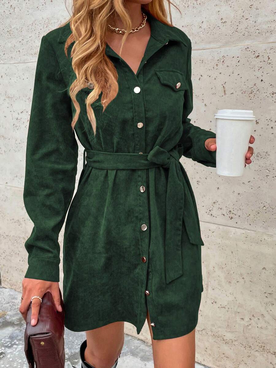 LanaWest Flap Detail Belted Corduroy Shirt Dress Fall Cloth For Women - Dark Green - View 1