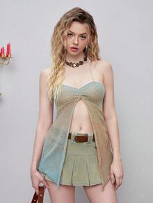 SHEIN MOD Ombre Split Hem Pearls Beaded Detail Halter Neck Backless Knit Top - Multicolor - View 7