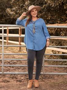 EMERY ROSE Plus Roll Tab Sleeve Button Front Top For Spring And Summer - Light Wash - View 5