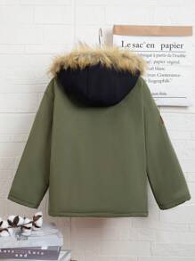 SHEIN Tween Boy Fuzzy Trim Hooded Padded Coat - Army Green - View 2