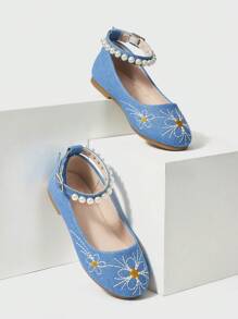 Fashionable Country Style Embroidered Denim Children's Flat Shoes With Pearls For Autumn