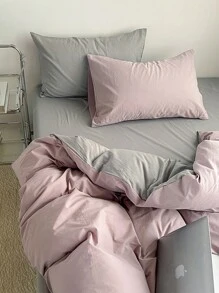 3pcs Pink & Gray Dormitory Bedding Set, Including 1pc Duvet Cover & 2pcs Pillowcases, Super Soft, Machine Washable, No Filling