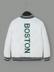 SHEIN Tween Boy 字母图案条纹装饰绗缝夹棉外套（不含卫衣） - 白色 - 查看 2