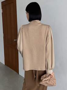 FRIFUL Mock Neck Lantern Sleeve Ribbed Knit Top - Apricot - View 6
